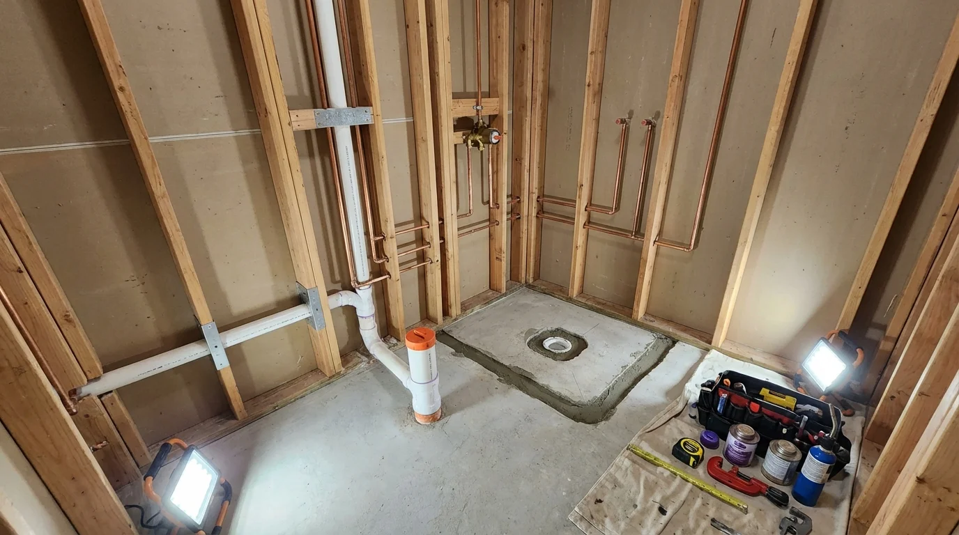 Bathroom rough-in plumbing during remodel by Johns Plumbing LLC in Ringling