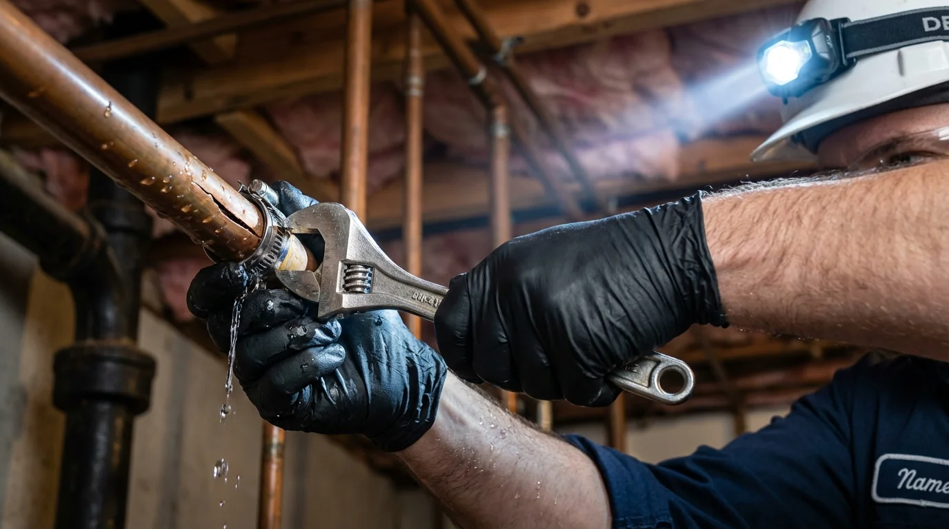 Emergency pipe clamp repair being performed by a Johns Plumbing LLC plumber in Ringling