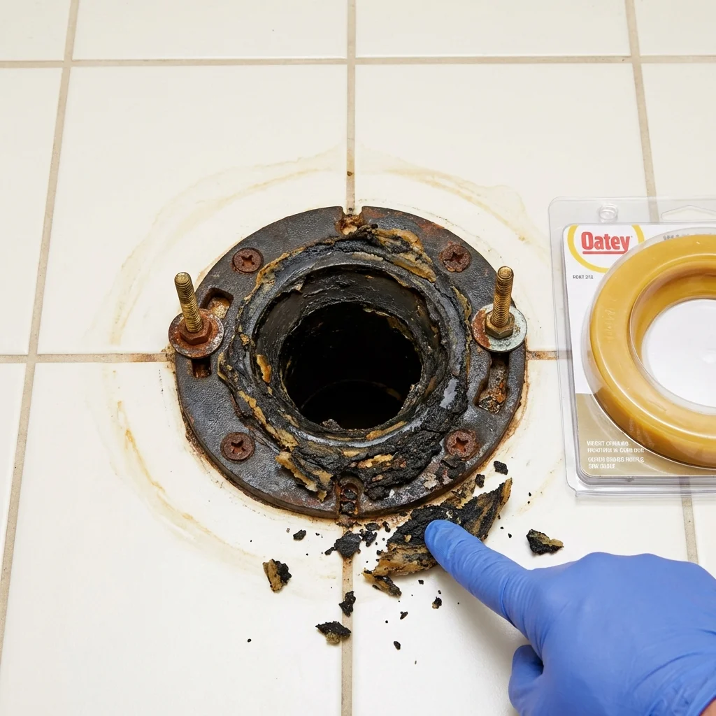 Failed wax ring showing water seepage at the base of a toilet in a Ringling, OK home