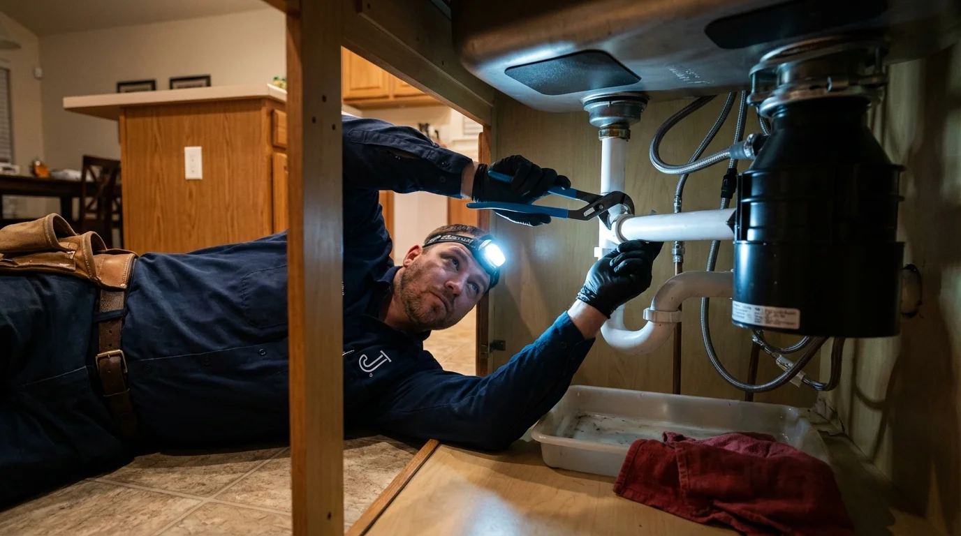 P-trap and supply line connections under a kitchen sink showing a common leak point in Ringling, OK